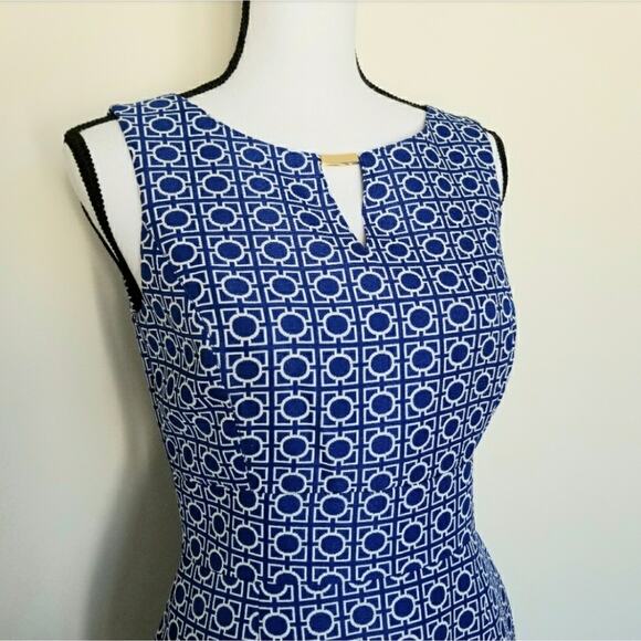 Tahari-Levine Blue Geometric Structured Knee-length Dress Keyhole Embellishment - Picture 2 of 6